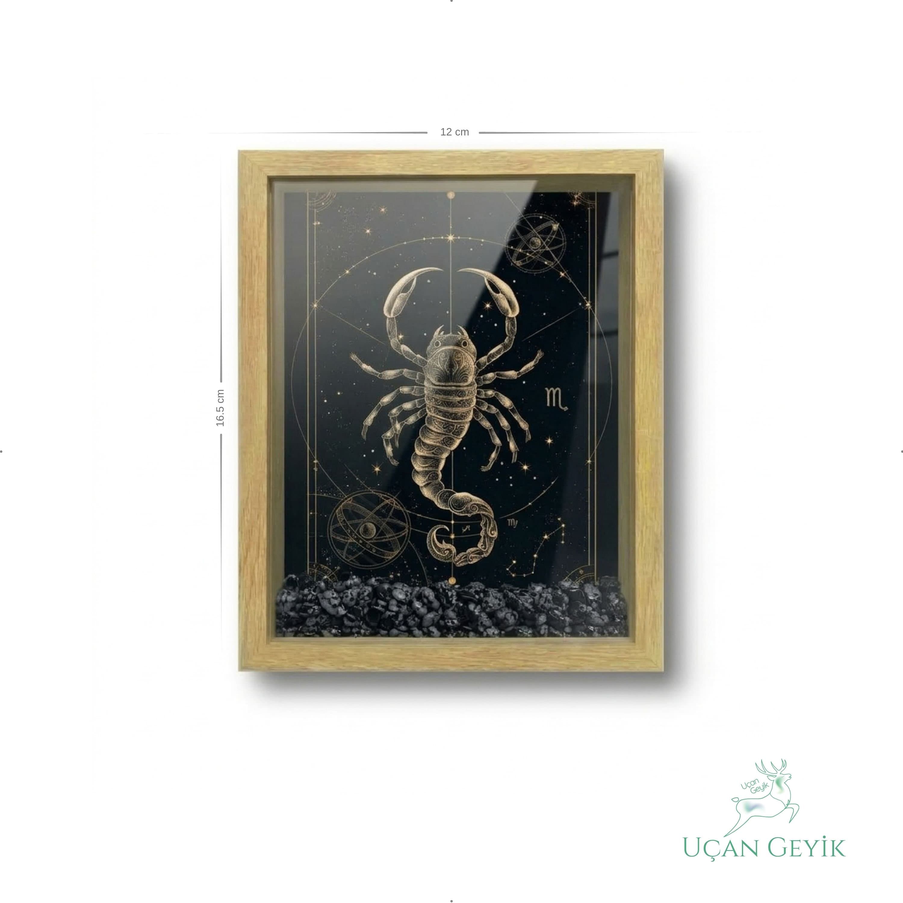 Ahşap Kenarlı Akrep Burcu Tasarımlı Kartanesi Obsidiyen Taşlı Derin Çerçeve 16,5X21,5CM - Duvar Dekorasyonu