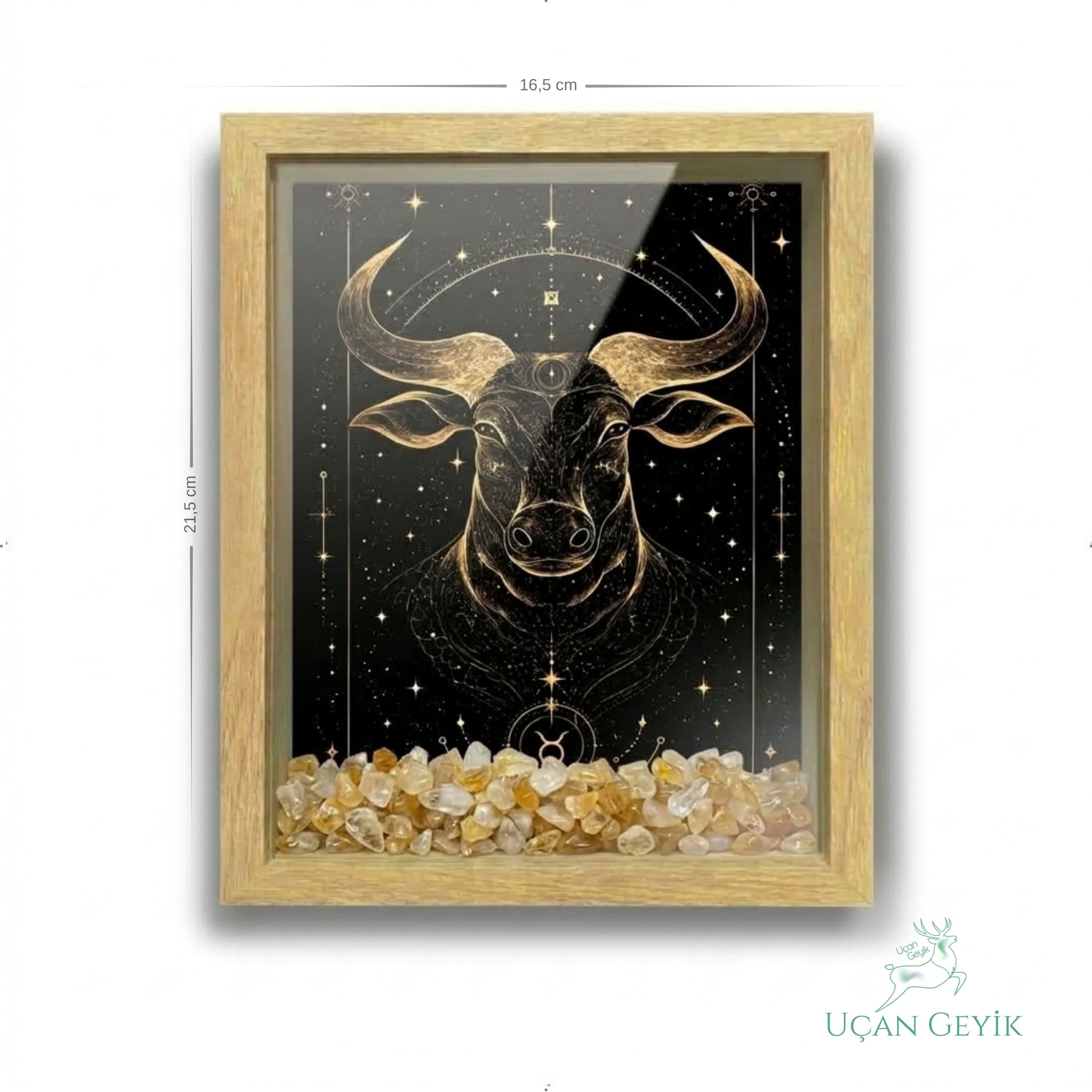 Ahşap Kenarlı Boğa Burcu Tasarımlı Sitrin Taşlı Derin Çerçeve 16,5X21,5CM - Duvar Dekorasyonu