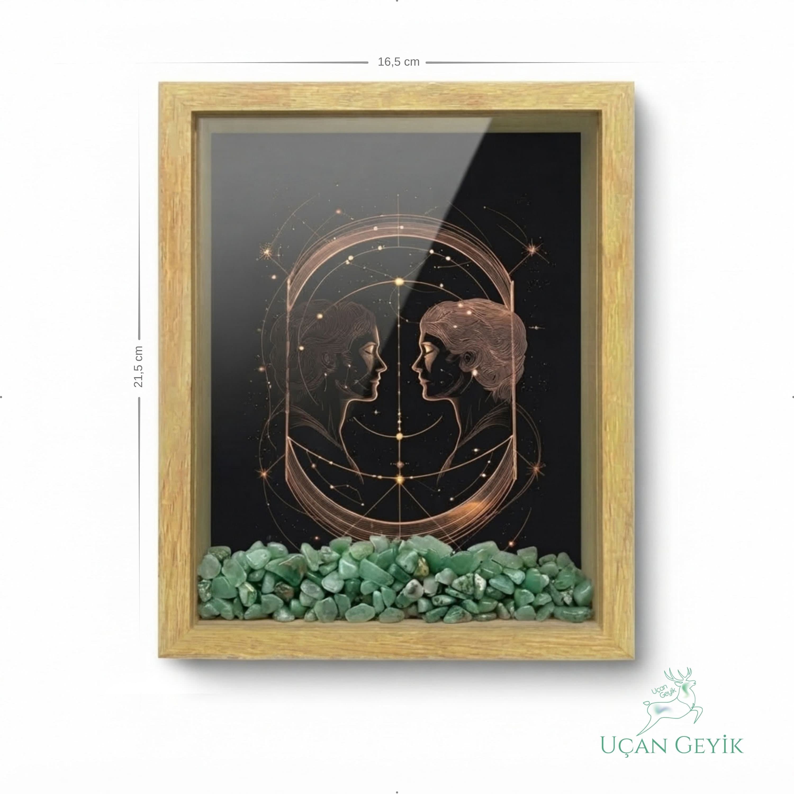 Ahşap Kenarlı İkizler Burcu Tasarımlı Aventurin Taşlı Derin Çerçeve 16,5X21,5CM - Duvar Dekorasyonu