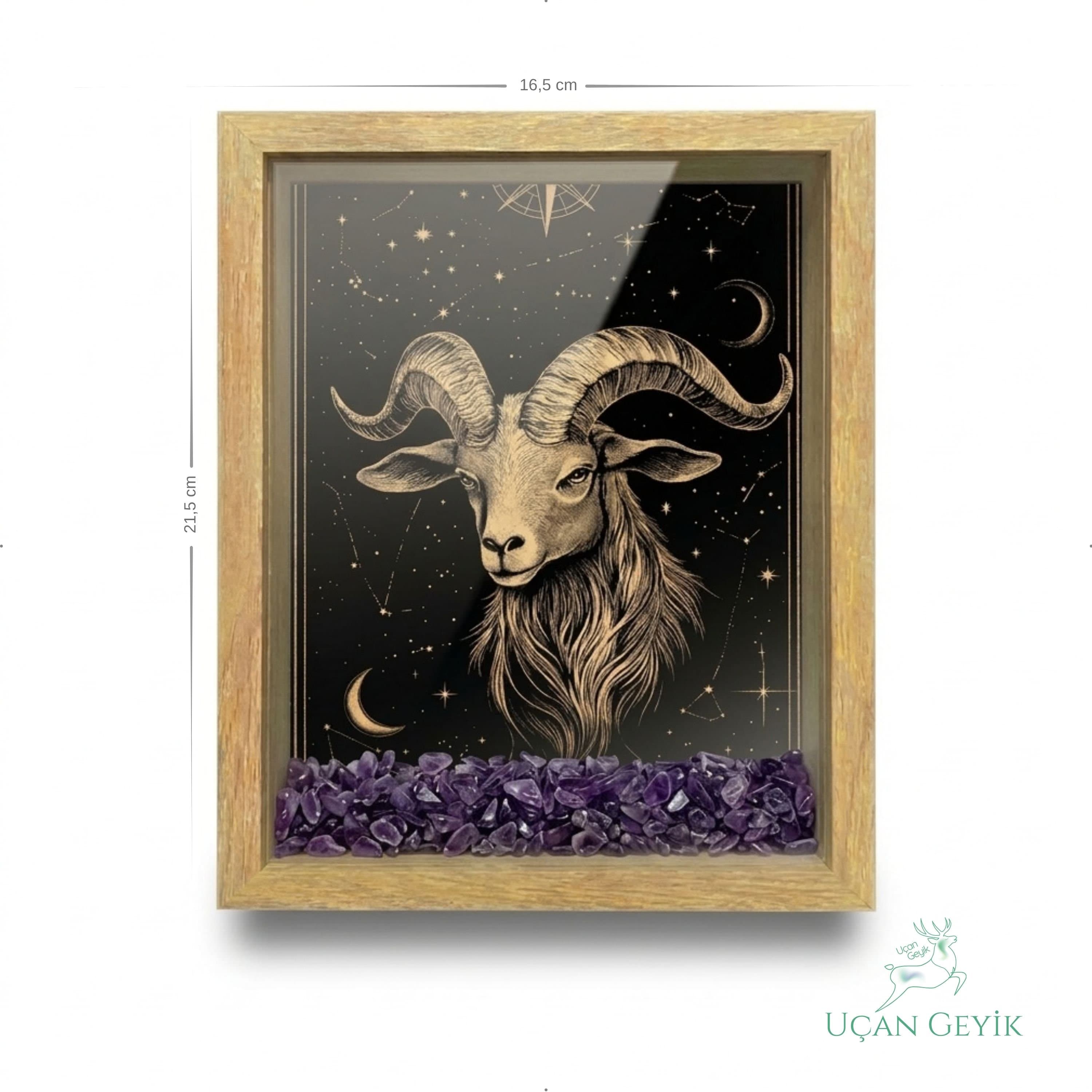 Ahşap Kenarlı Koç Burcu Tasarımlı Ametist Taşlı Derin Çerçeve 16,5X21,5CM - Duvar Dekorasyonu