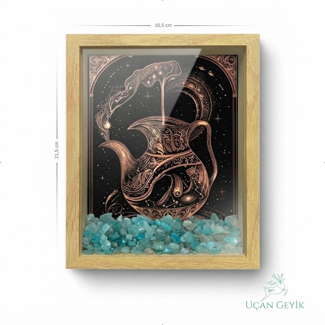 Ahşap Kenarlı Kova Burcu Tasarımlı Akuamarin Taşlı Derin Çerçeve 16,5X21,5CM - Duvar Dekorasyonu