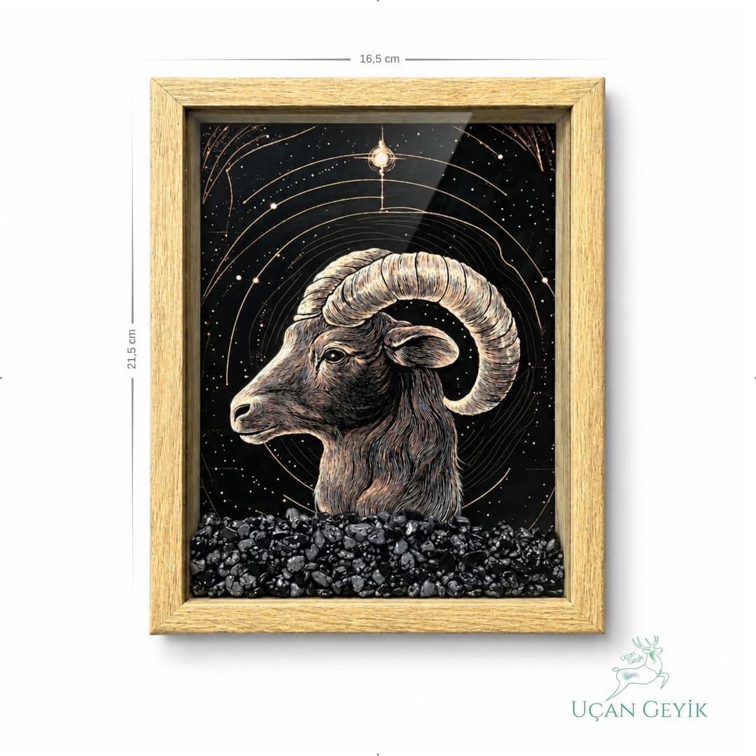 Ahşap Kenarlı Oğlak Burcu Tasarımlı Kartanesi Obsidiyen Taşlı Derin Çerçeve 16,5X21,5CM - Duvar Dekorasyonu