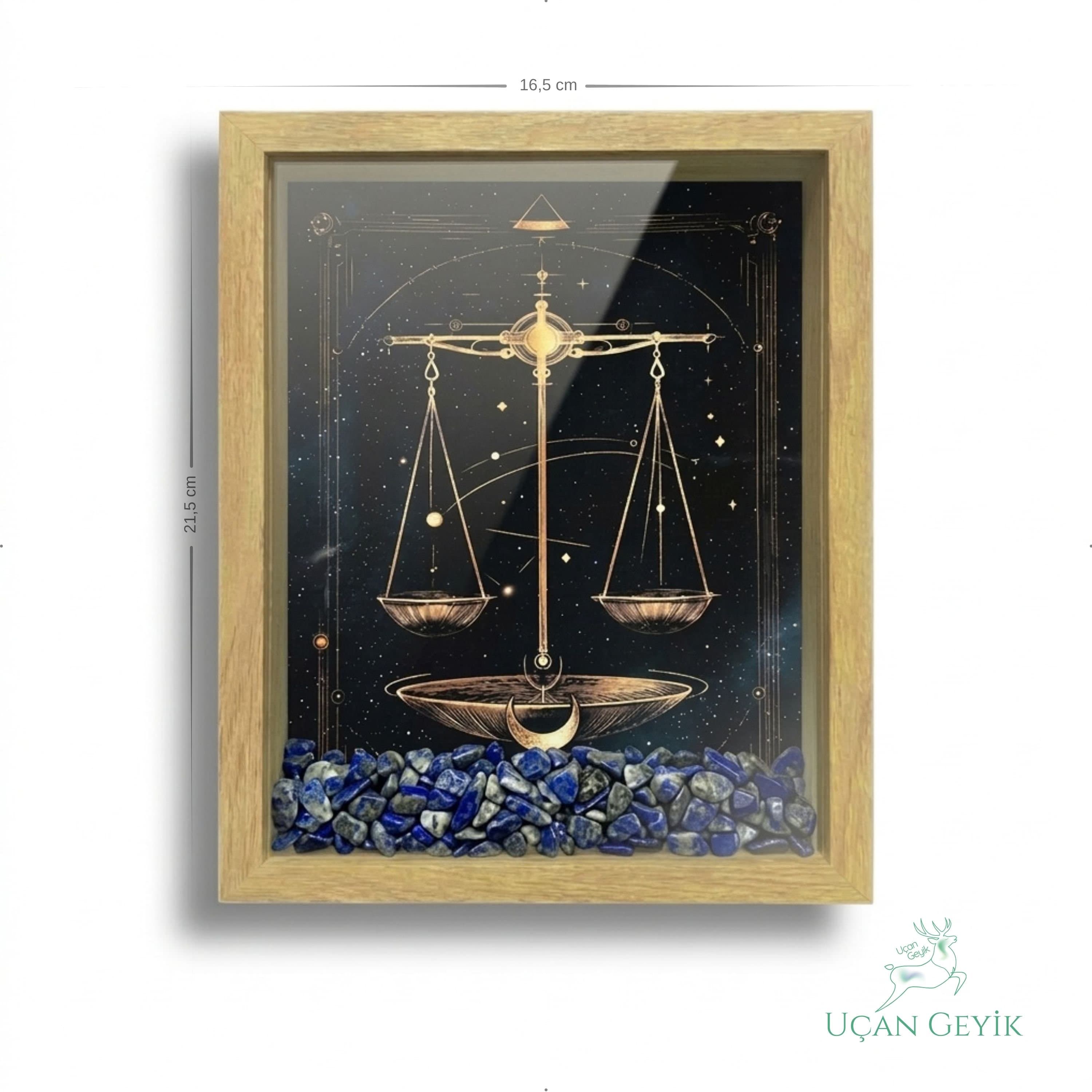 Ahşap Kenarlı Terazi Burcu Tasarımlı Lapis Lazuli Taşlı Derin Çerçeve 16,5X21,5CM - Duvar Dekorasyonu