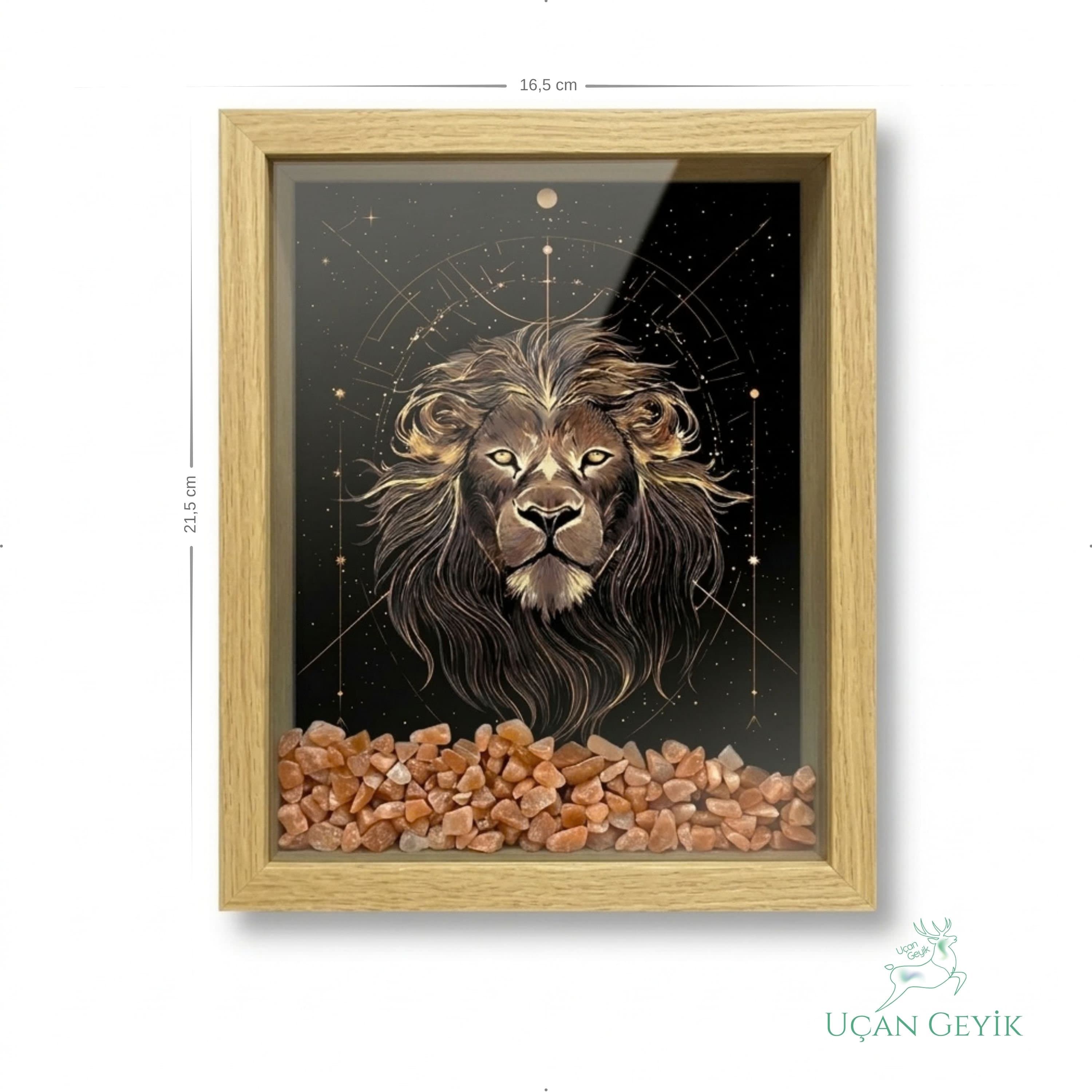 Ahşap Kenarlı Aslan Burcu Tasarımlı Güneş Taşı Derin Çerçeve 16,5X21,5CM - Duvar Dekorasyonu