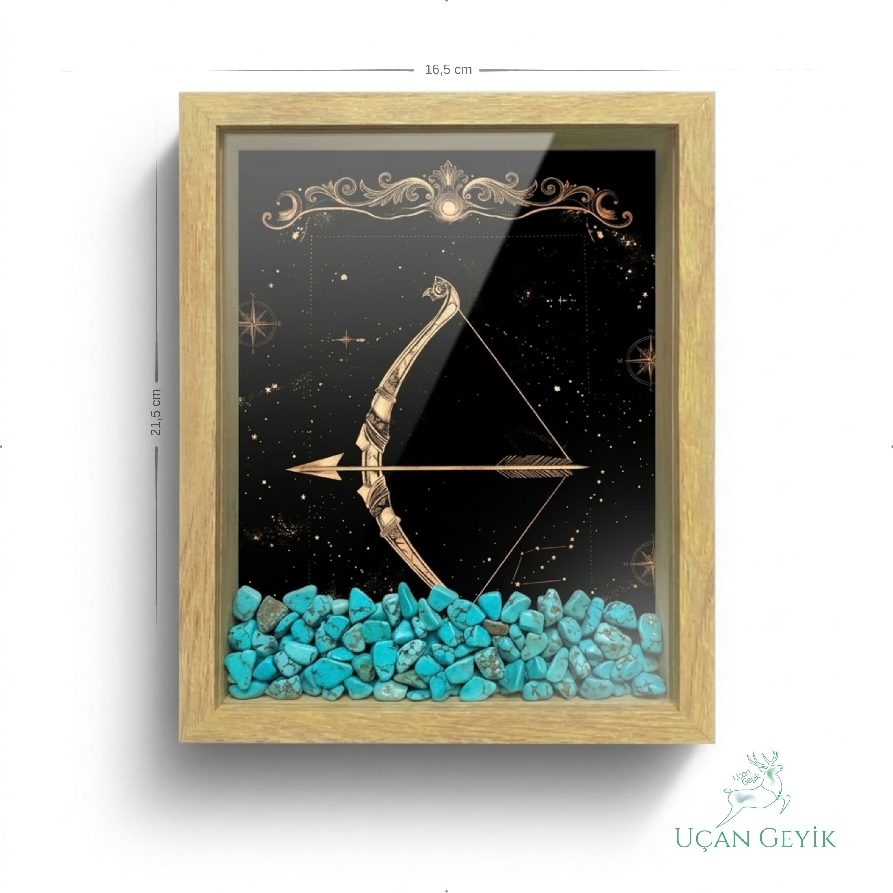 Ahşap Kenarlı Yay Burcu Tasarımlı Turkuaz Taşlı Derin Çerçeve 16,5X21,5CM - Duvar Dekorasyonu