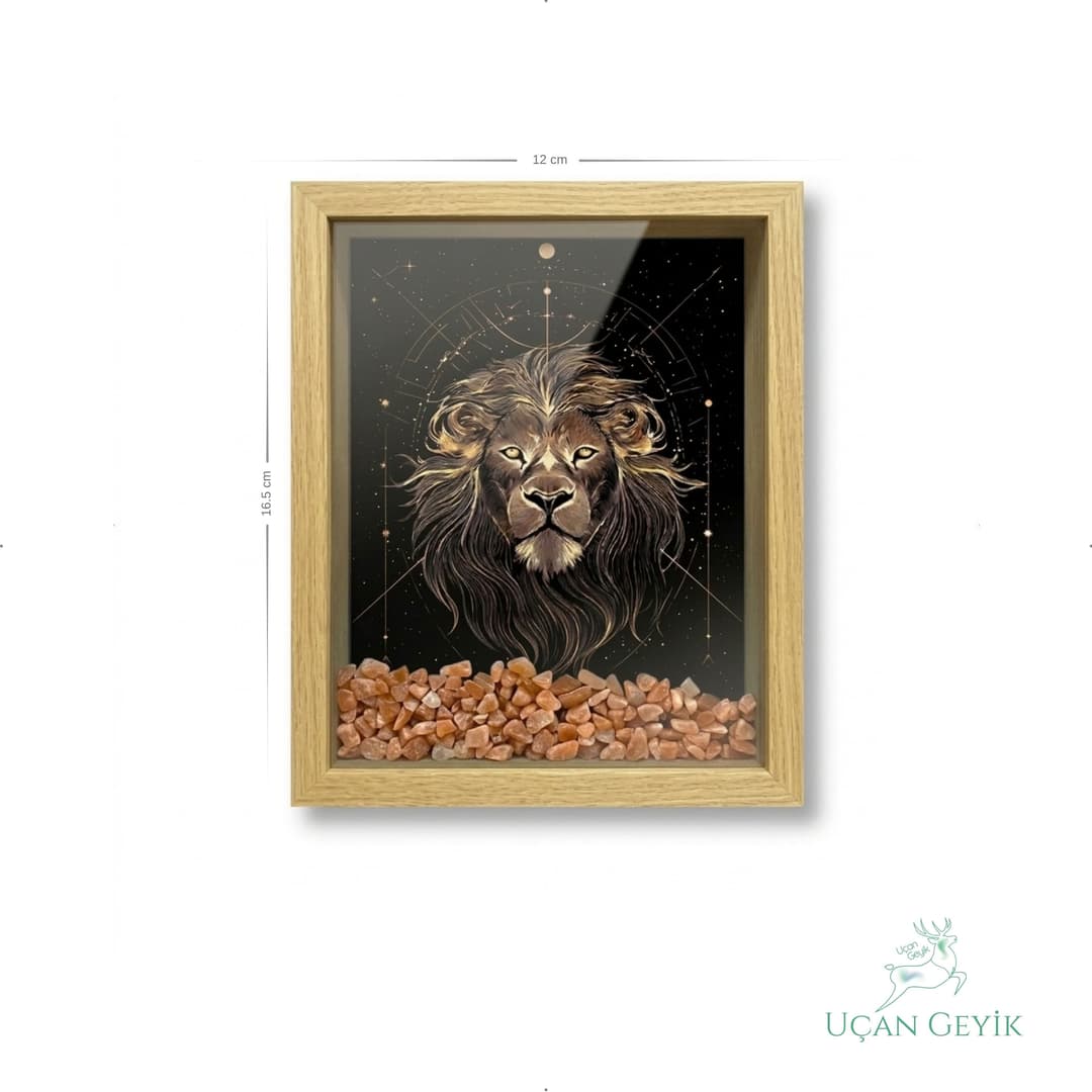 Ahşap Kenarlı Aslan Burcu Tasarımlı Güneş Taşı Derin Çerçeve 12X16,5CM - Duvar Dekorasyonu