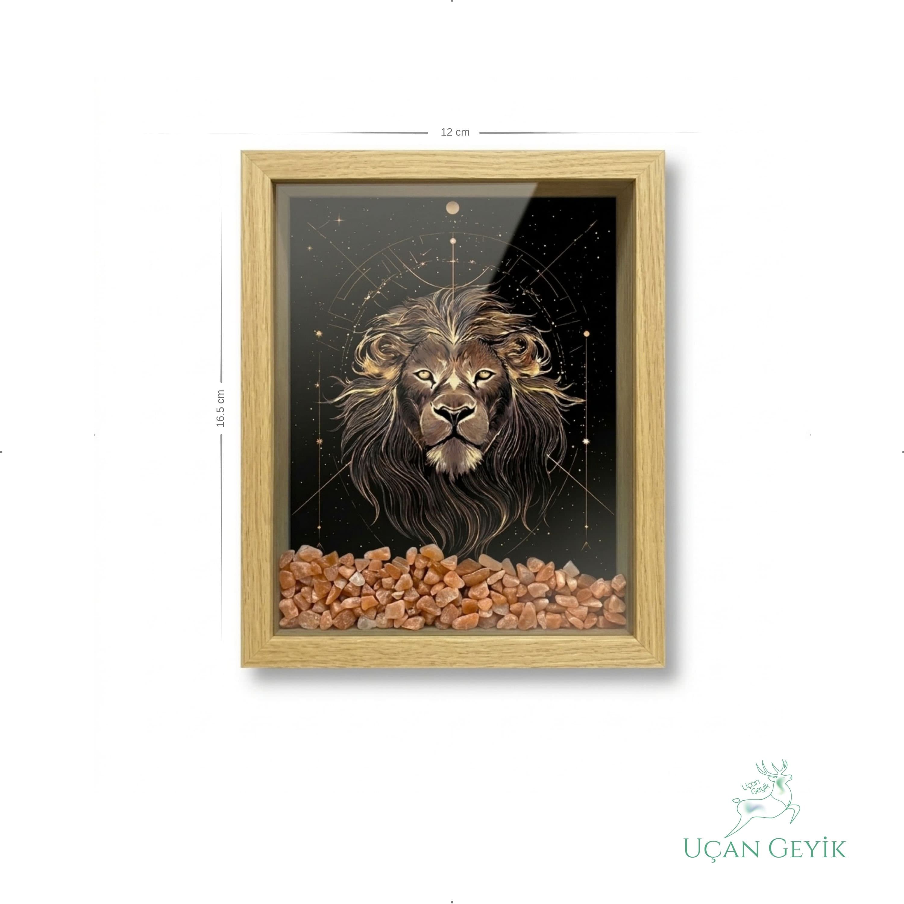 Ahşap Kenarlı Aslan Burcu Tasarımlı Güneş Taşı Derin Çerçeve 12X16,5CM - Duvar Dekorasyonu