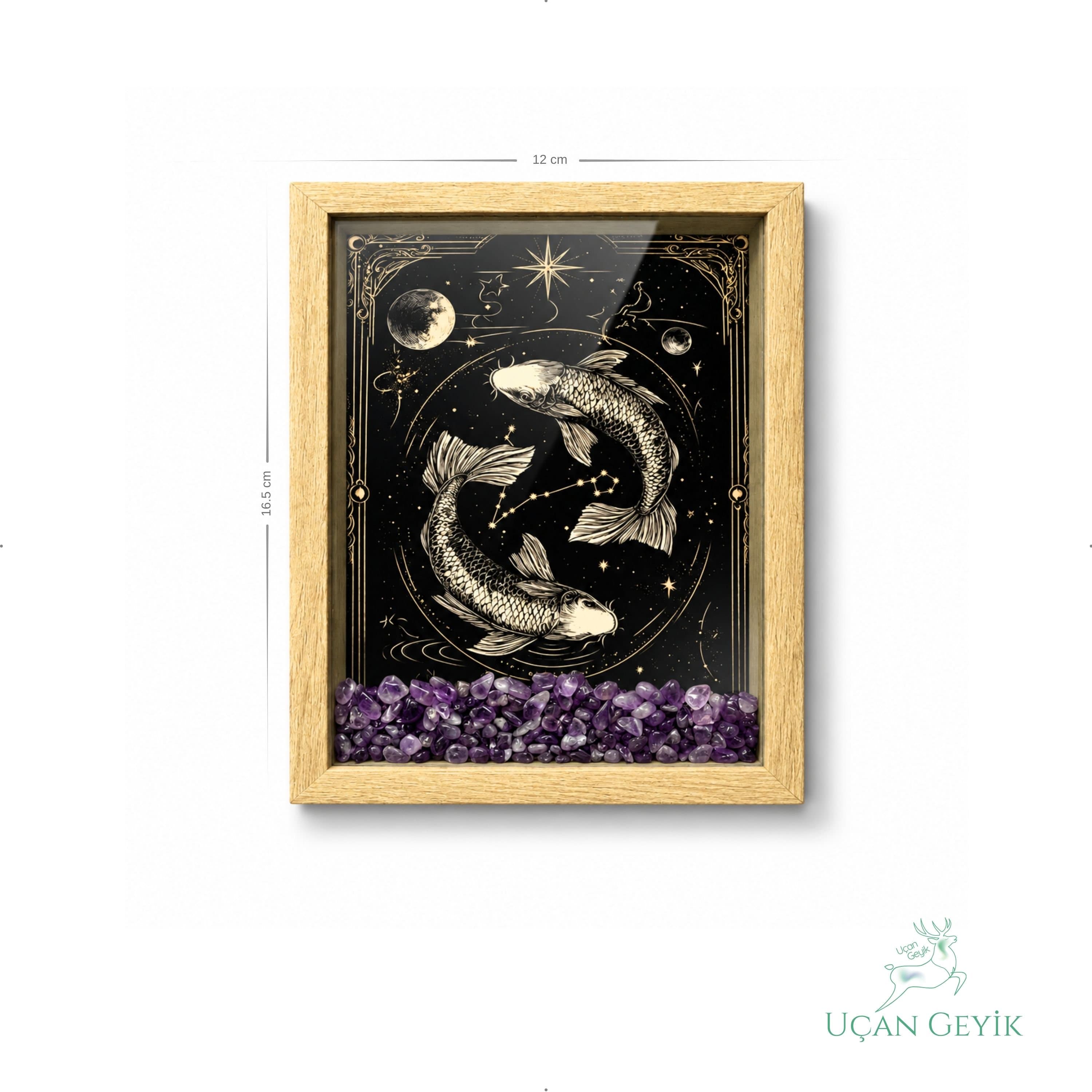 Ahşap Kenarlı Balık Burcu Tasarımlı Ametist Taşlı Derin Çerçeve 12X16,5CM - Duvar Dekorasyonu
