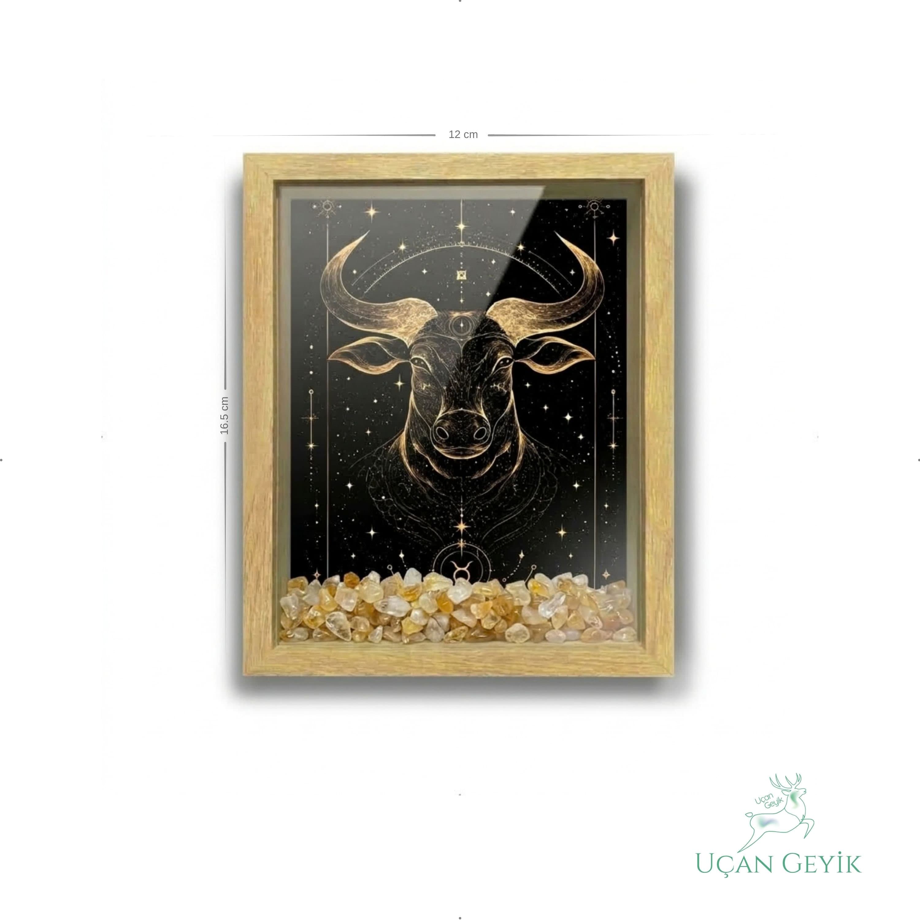 Ahşap Kenarlı Boğa Burcu Tasarımlı Sitrin Taşlı Derin Çerçeve 12X16,5CM - Duvar Dekorasyonu