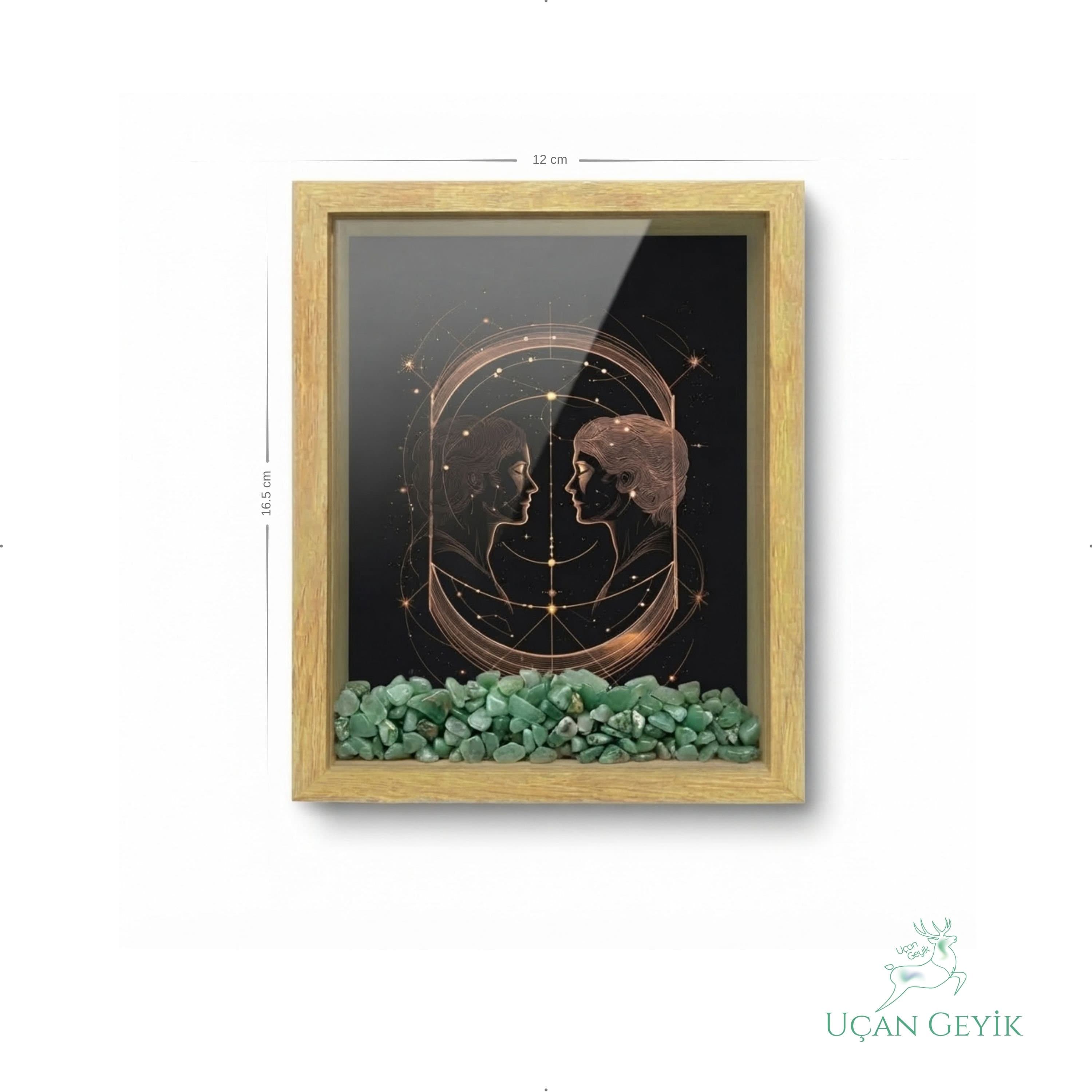 Ahşap Kenarlı İkizler Burcu Tasarımlı Aventurin Taşlı Derin Çerçeve 12X16,5CM - Duvar Dekorasyonu