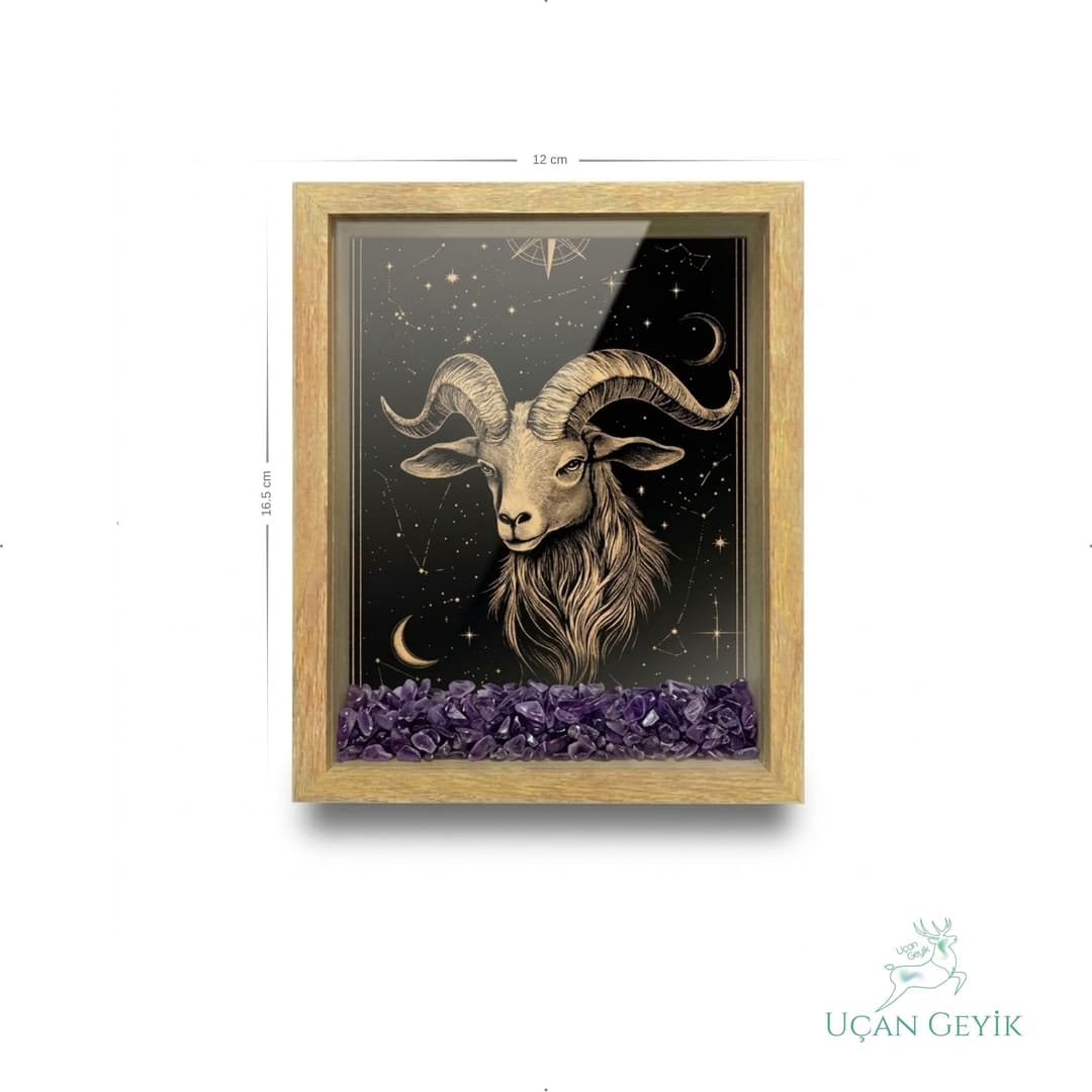 Ahşap Kenarlı Koç Burcu Tasarımlı Ametist Taşlı Derin Çerçeve 12X16,5CM - Duvar Dekorasyonu