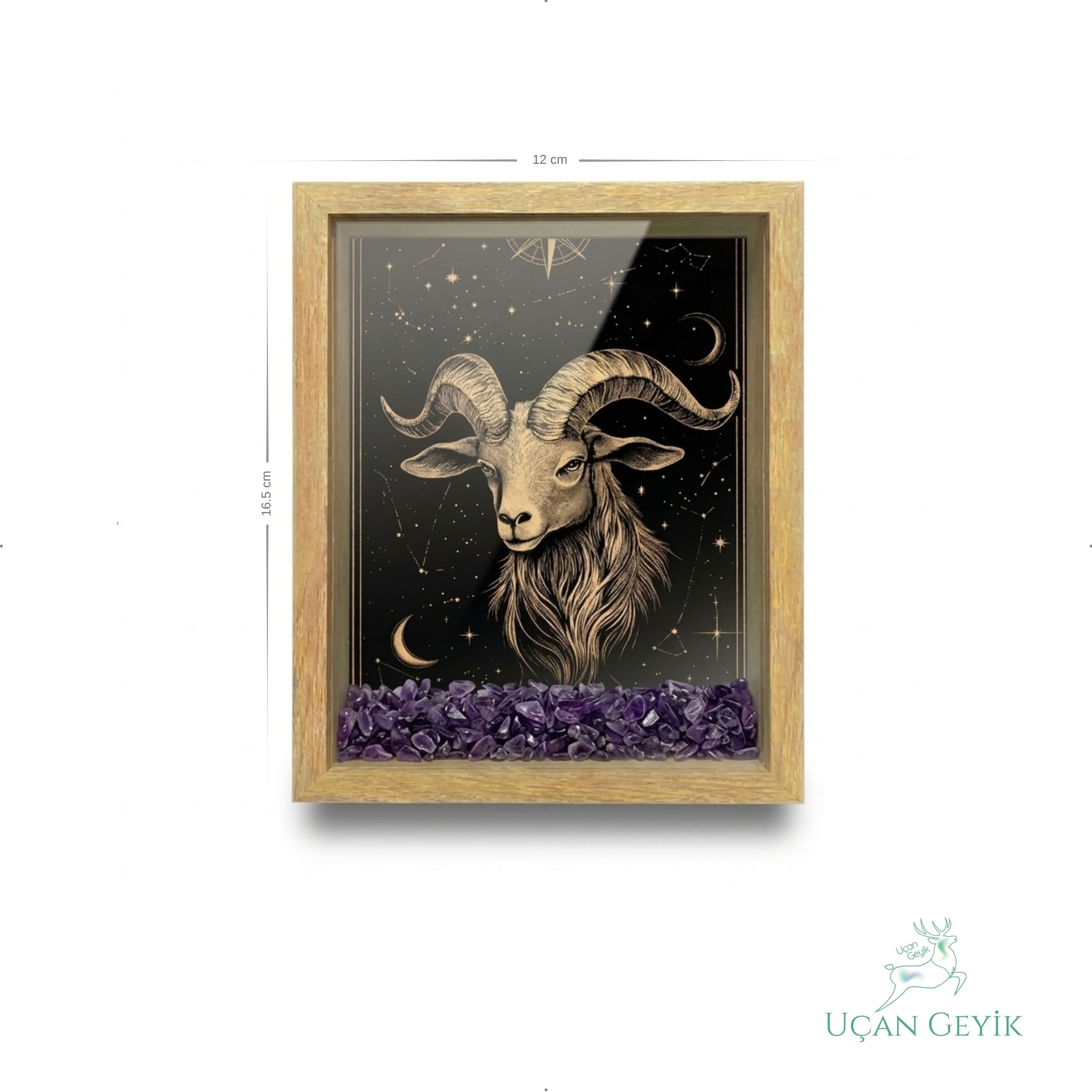 Ahşap Kenarlı Koç Burcu Tasarımlı Ametist Taşlı Derin Çerçeve 12X16,5CM - Duvar Dekorasyonu