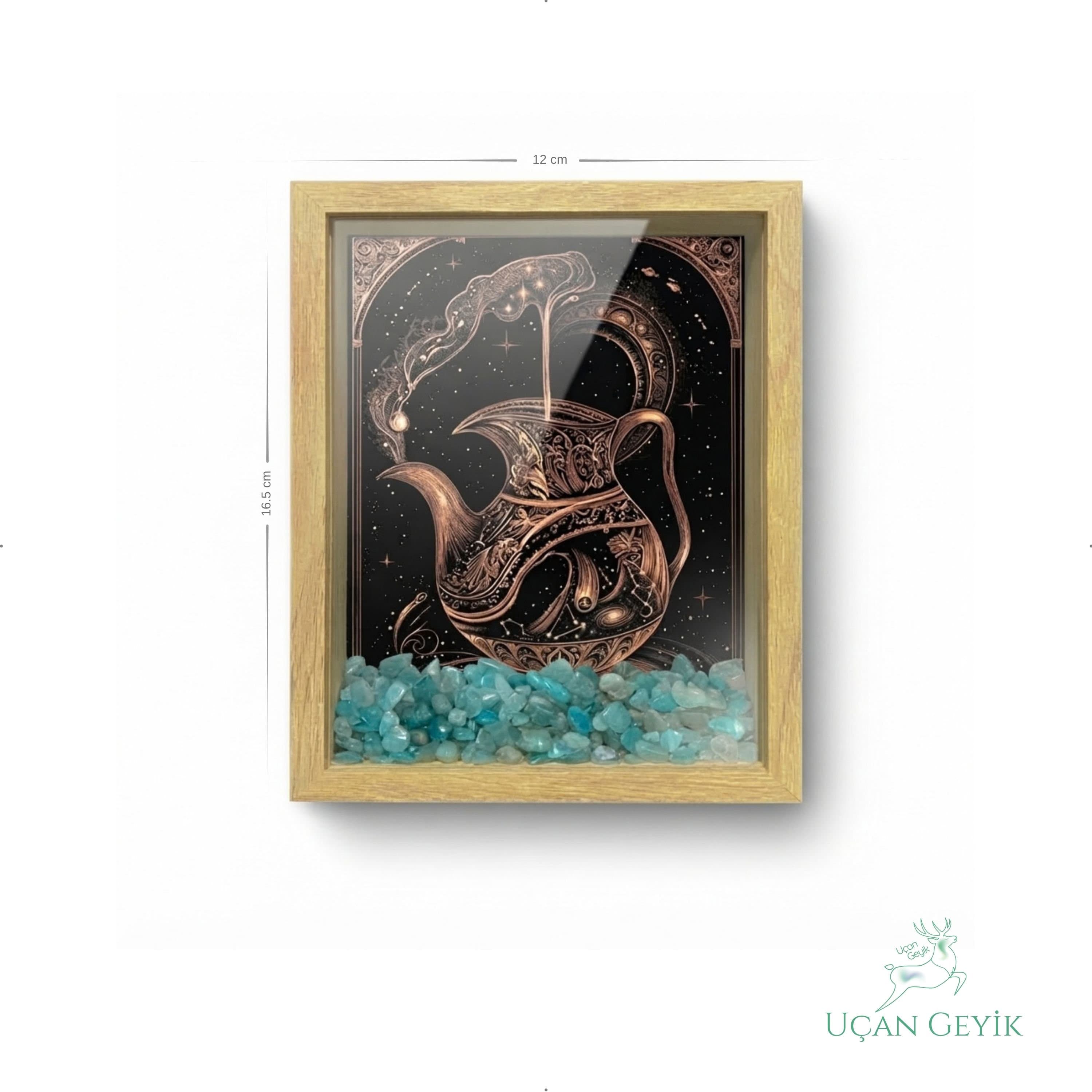Ahşap Kenarlı Kova Burcu Tasarımlı Akuamarin Taşlı Derin Çerçeve 12X16,5CM - Duvar Dekorasyonu