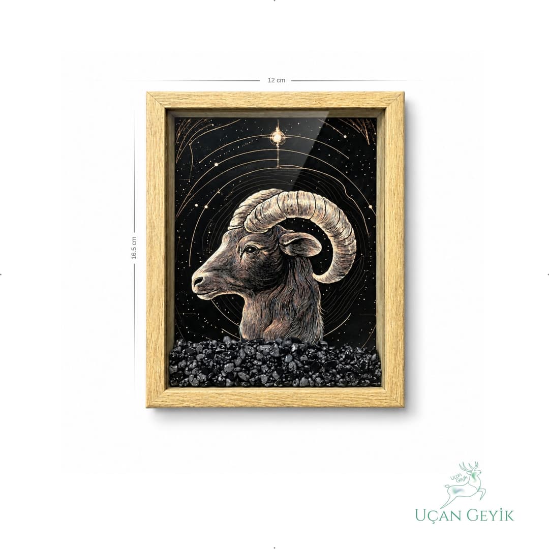 Ahşap Kenarlı Oğlak Burcu Tasarımlı Kartanesi Obsidiyen Taşlı Derin Çerçeve 12X16,5CM - Duvar Dekorasyonu