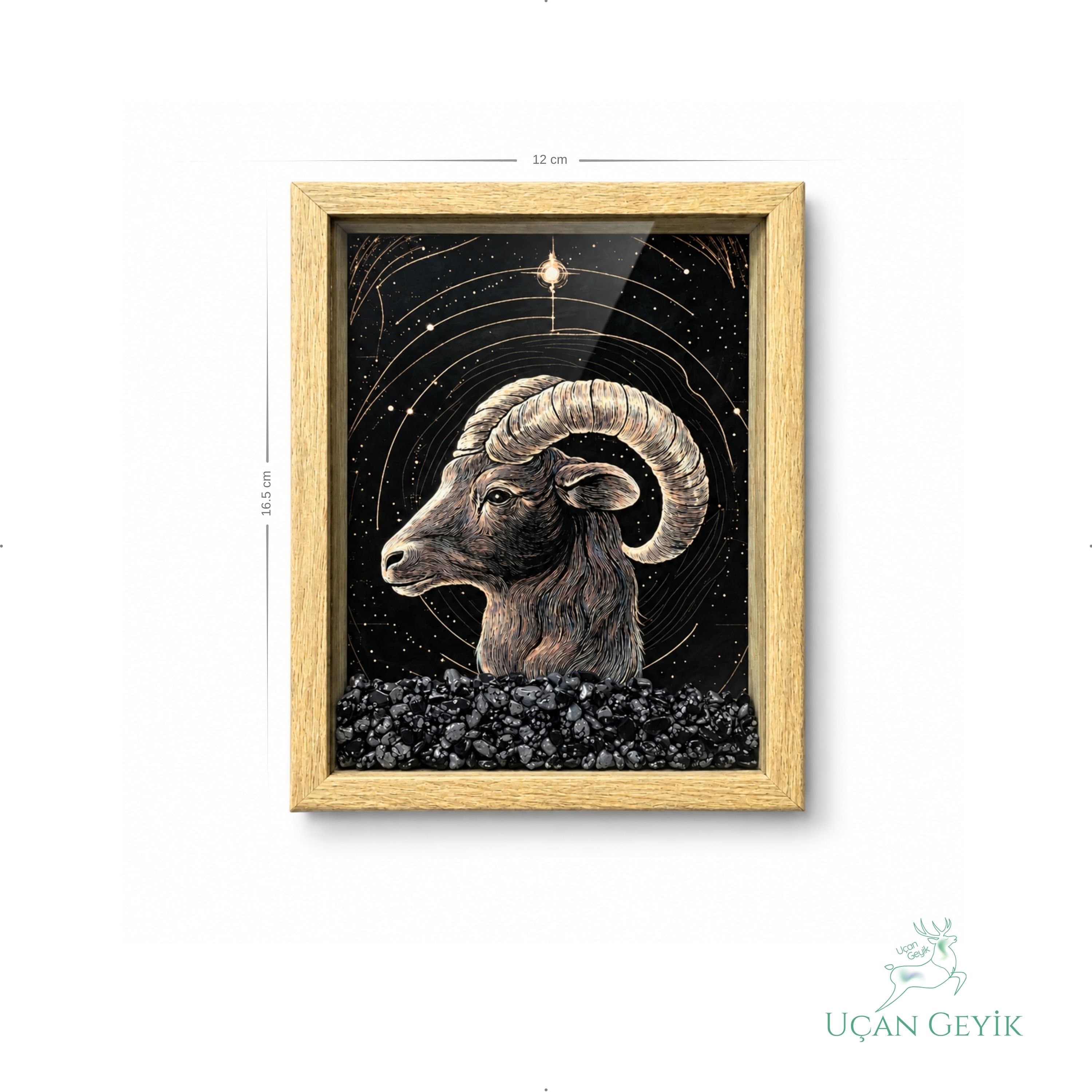 Ahşap Kenarlı Oğlak Burcu Tasarımlı Kartanesi Obsidiyen Taşlı Derin Çerçeve 12X16,5CM - Duvar Dekorasyonu