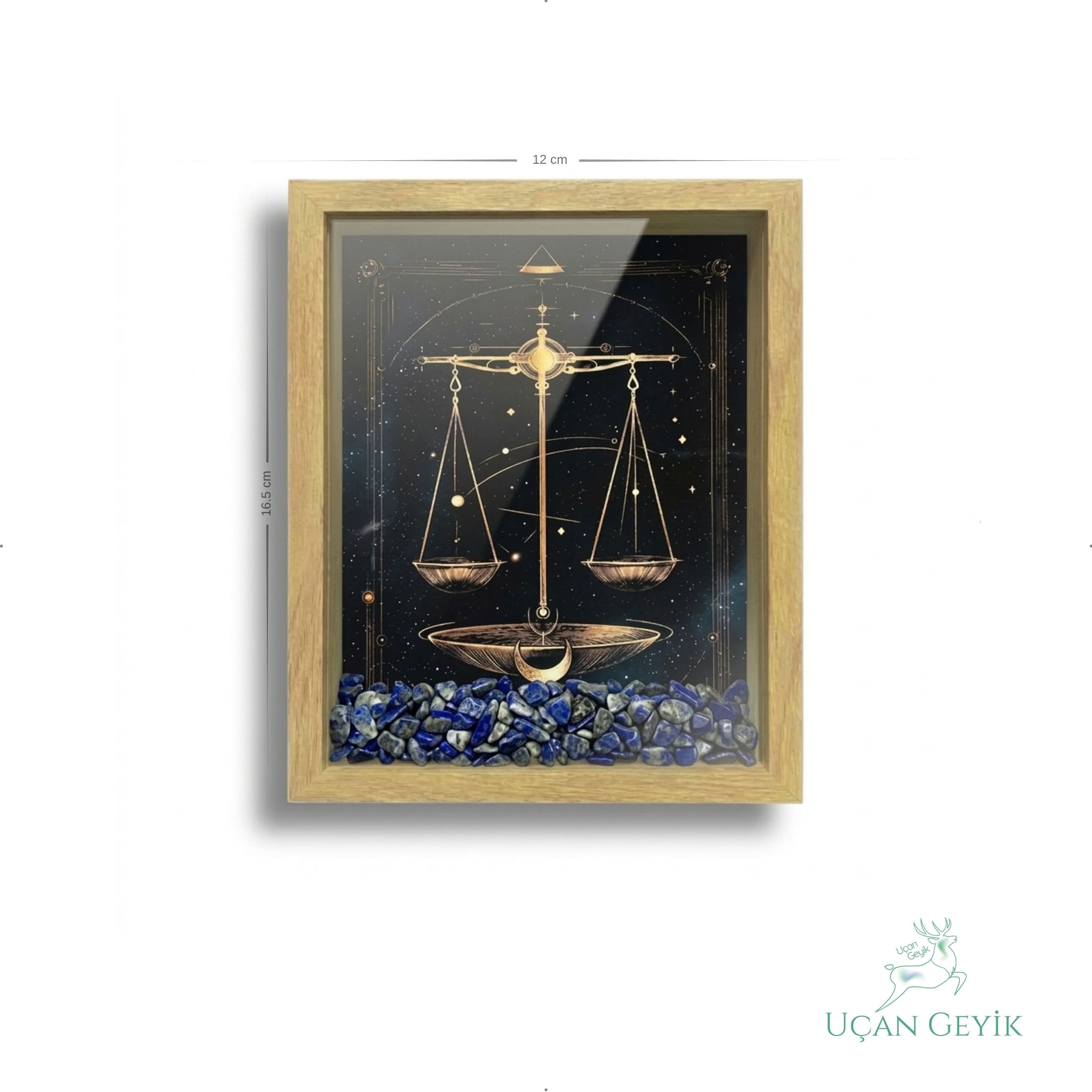 Ahşap Kenarlı Terazi Burcu Tasarımlı Lapis Lazuli Taşlı Derin Çerçeve 12X16,5CM - Duvar Dekorasyonu