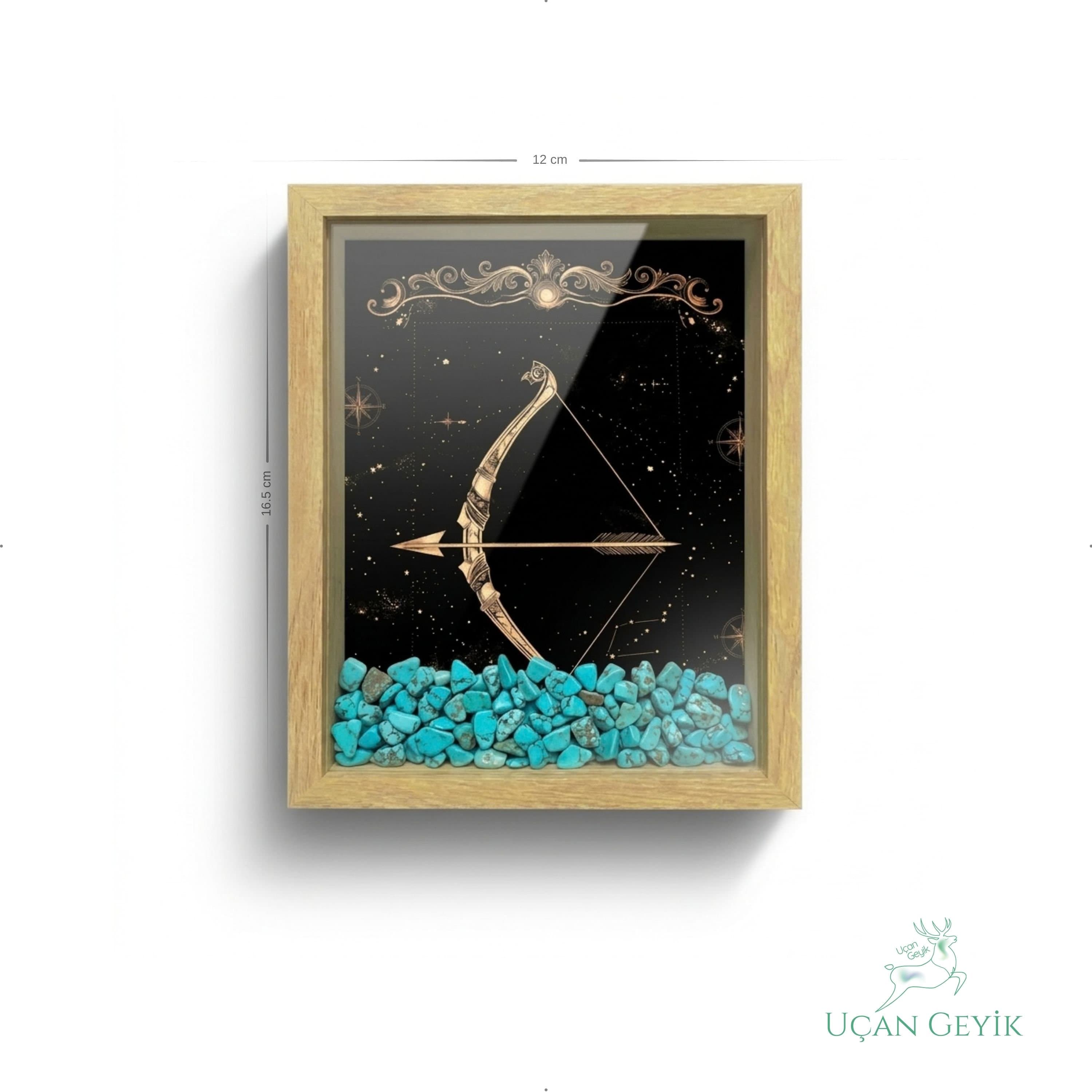 Ahşap Kenarlı Yay Burcu Tasarımlı Turkuaz Taşlı Derin Çerçeve 12X16,5CM - Duvar Dekorasyonu