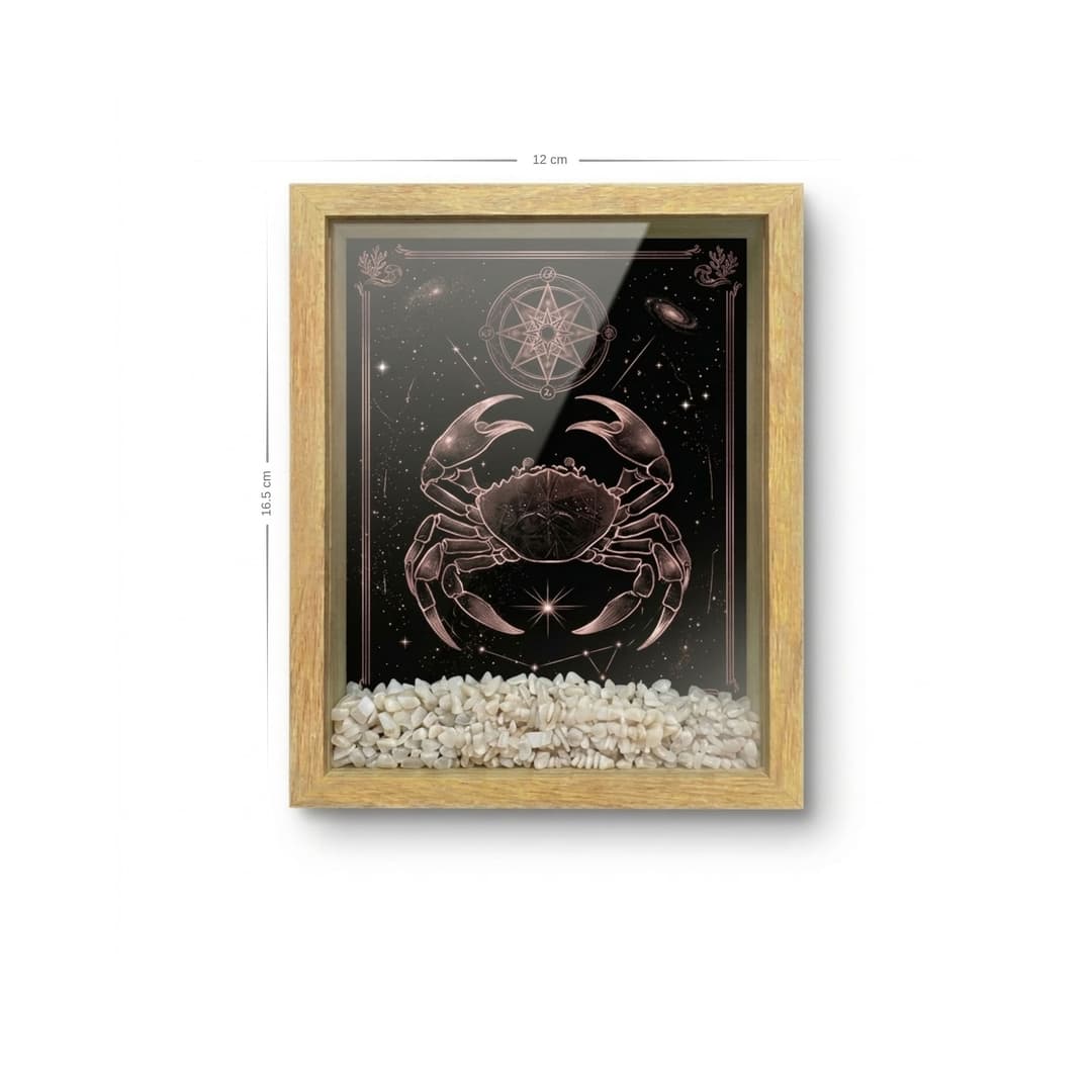 Ahşap Kenarlı Yengeç Burcu Tasarımlı Ay Taşı Derin Çerçeve 12X16,5CM - Duvar Dekorasyonu