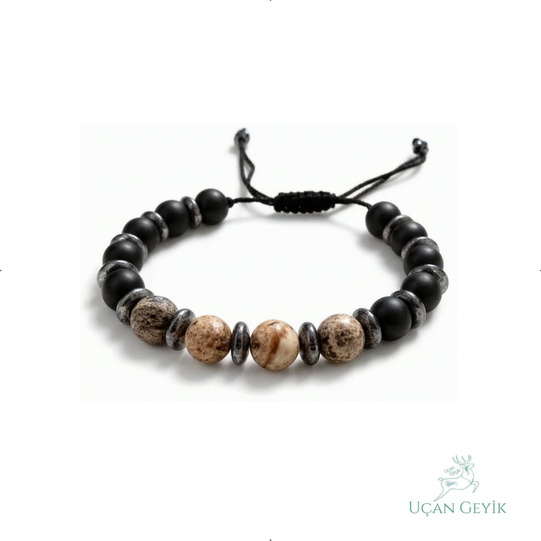 Jasper & Oniks Doğal Taş Bileklik - Esnek Makrome Örgü 8mm | Unisex Bileklik