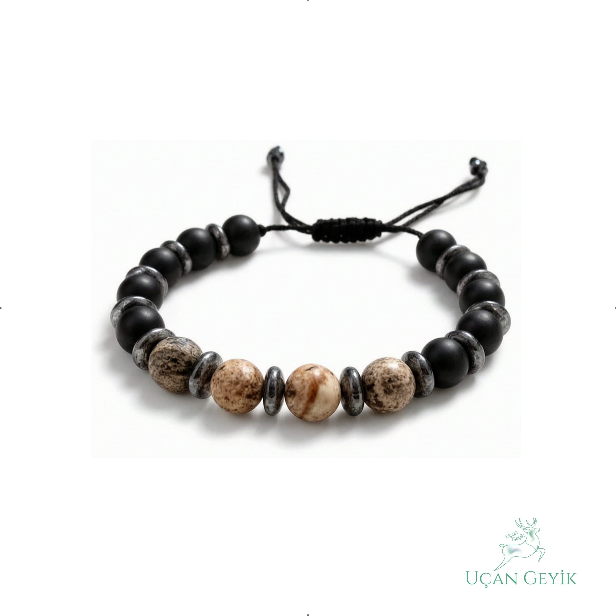 Jasper & Oniks Doğal Taş Bileklik - Esnek Makrome Örgü 8mm | Unisex Bileklik