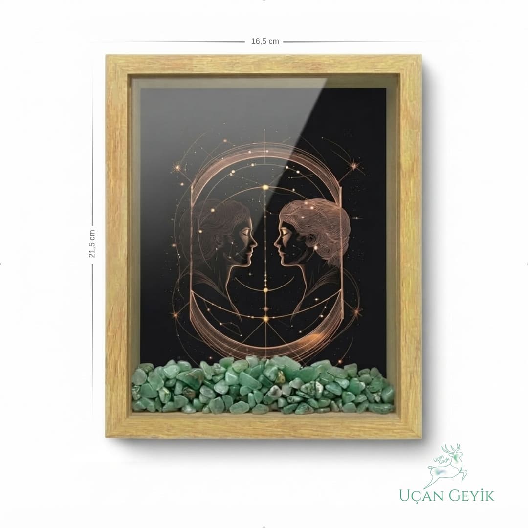Ahşap Kenarlı İkizler Burcu Tasarımlı Aventurin Taşlı Derin Çerçeve 16,5X21,5CM - Duvar Dekorasyonu